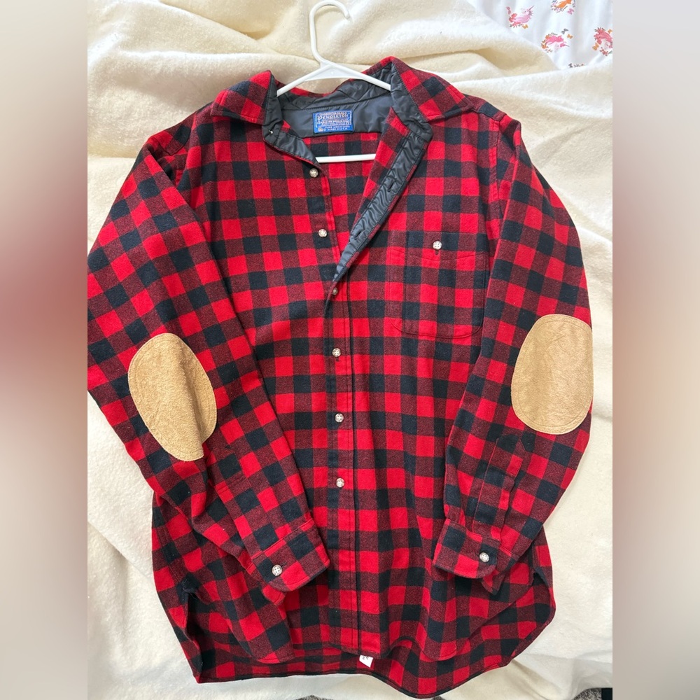 Vintage Pendleton Red and Black Tartan Shirt with Tan Elbow Patches